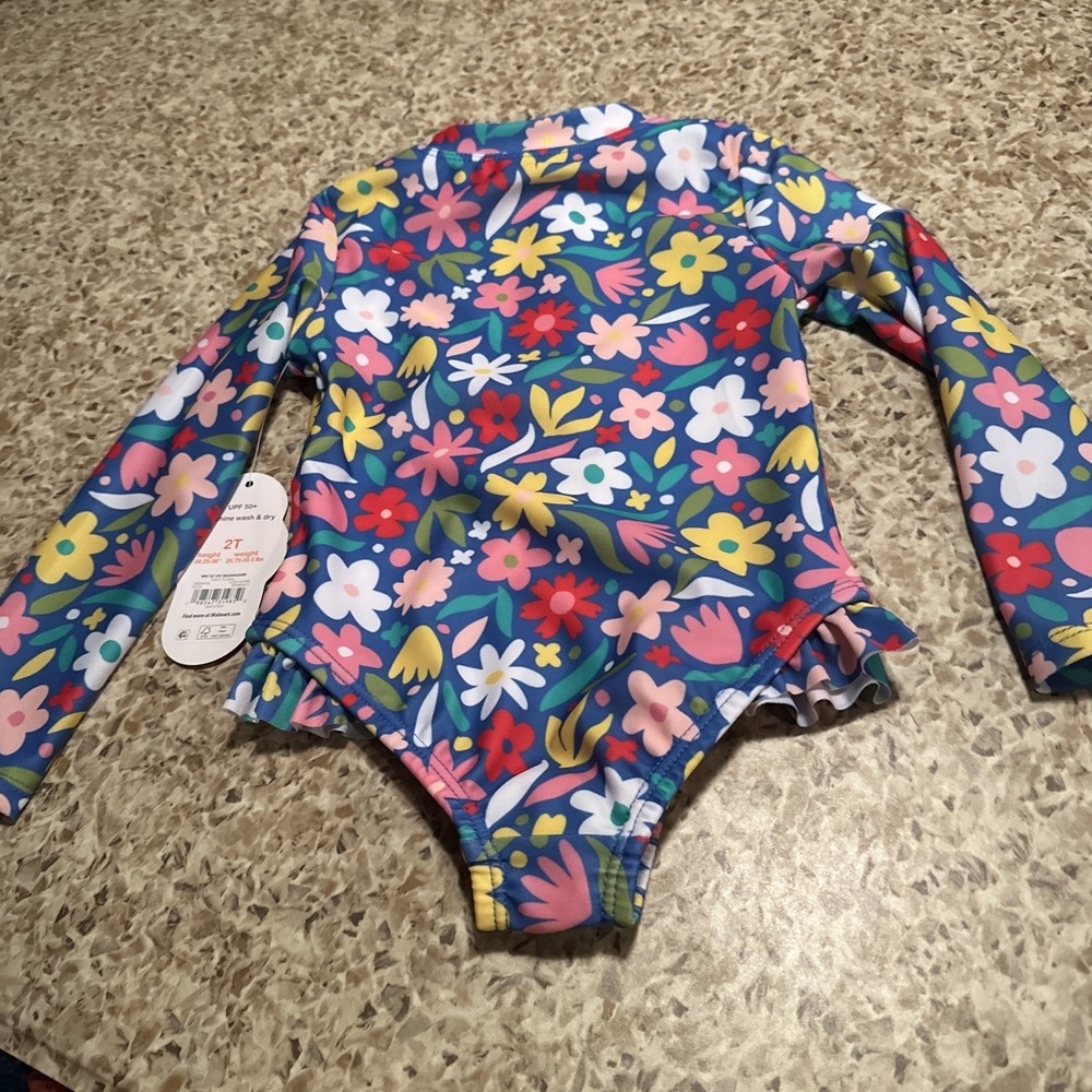 Wonder Nation Girls 2T Party Floral Rash Guard Swimsuit One Piece Long Sleeve - Picture 4 of 4